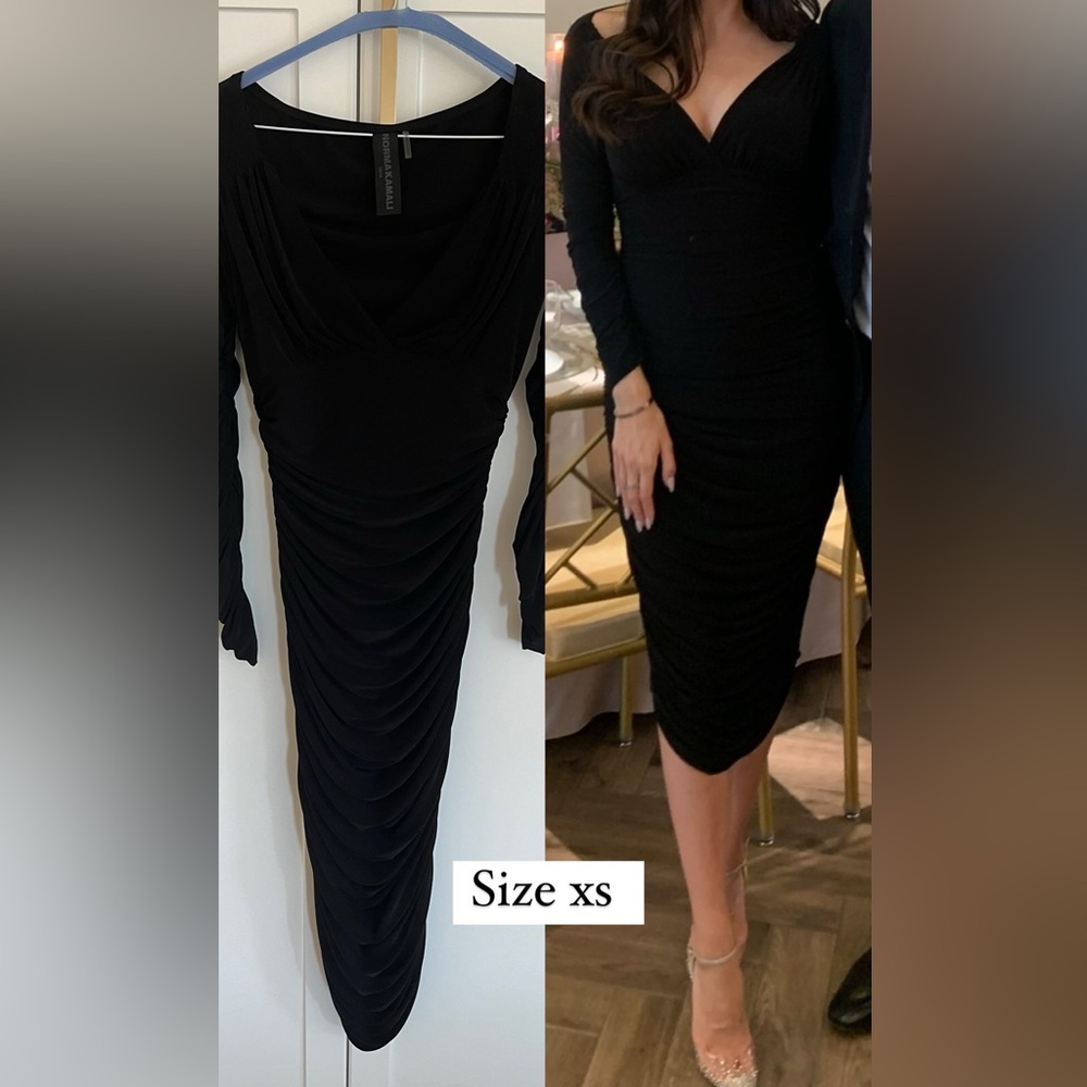 Norma Kamali Black Long Sleeve Ruched Midi Dress